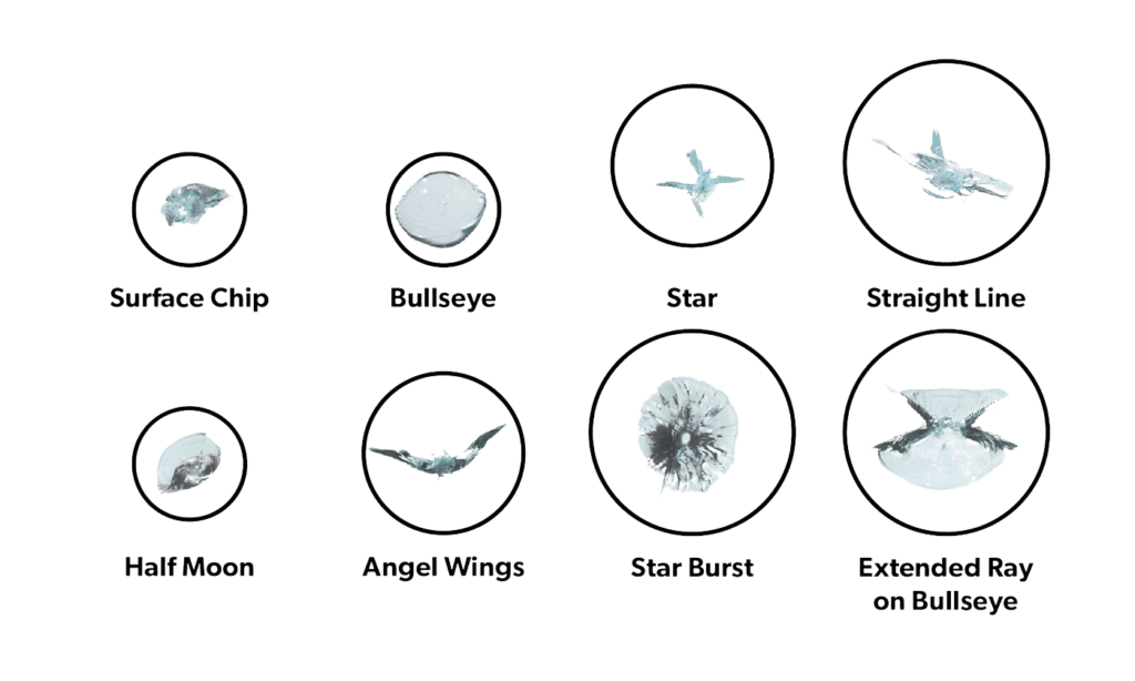 Types of Rock Chip Damage - Surface Chip, Bullseye, Star, Straight Line, Half Moon, Angel Wings, Star Burst, Extended Ray on Bullseye